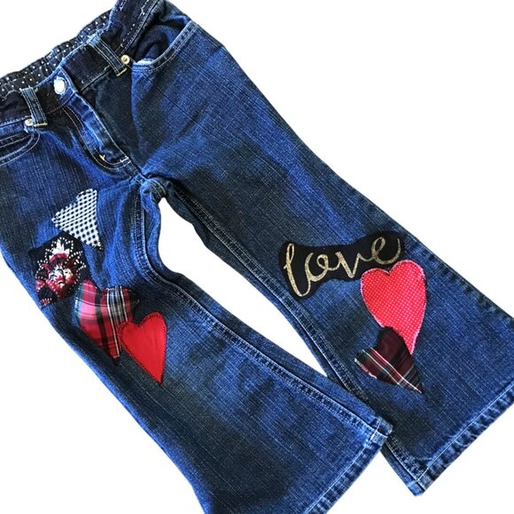 Upcycled Patchwork Jeans, Child's Size 5: Handmade Heart Patches Front and Back - Picture 3 of 16